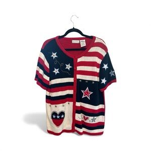 Vintage Y2K Era Knit & Pearl Red, White, and Blue Patterned Women's Cardigan M